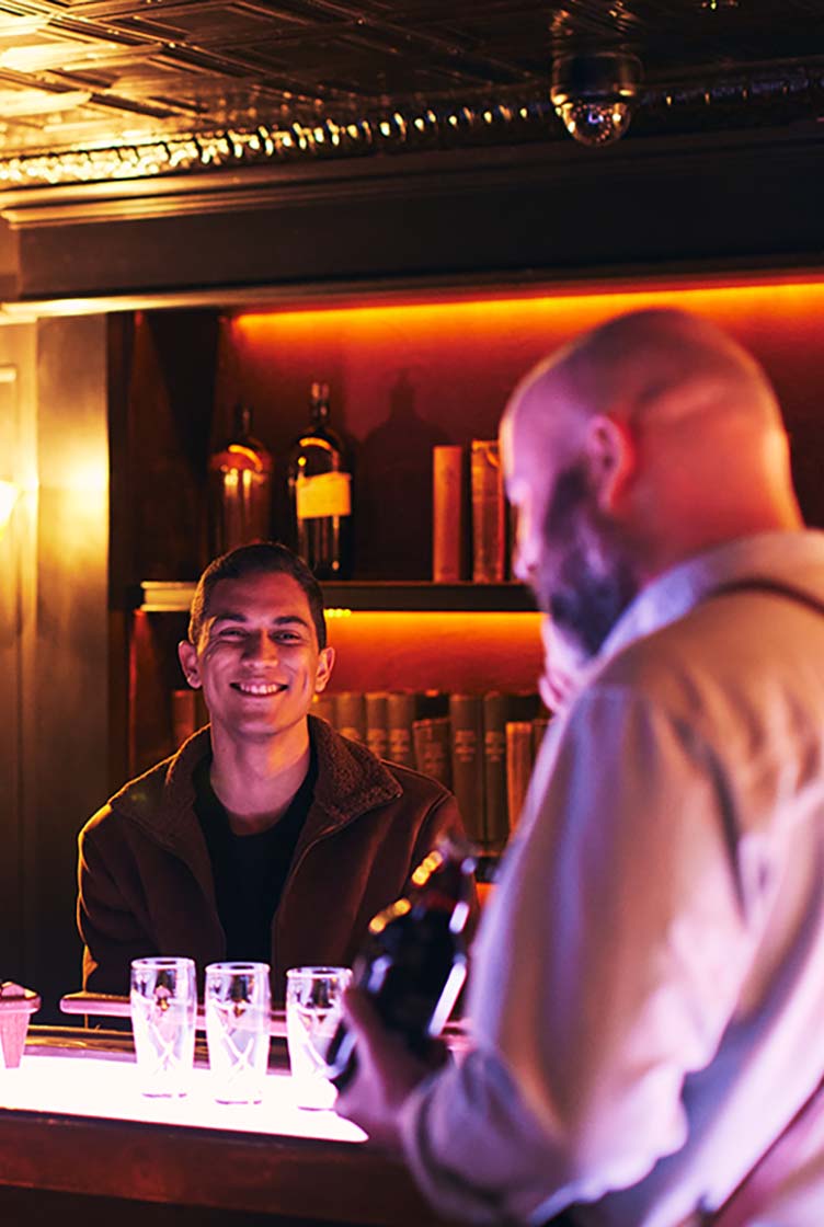 One person sitting at the bar in the Connoisseur room at the Guinness Storehouse 
